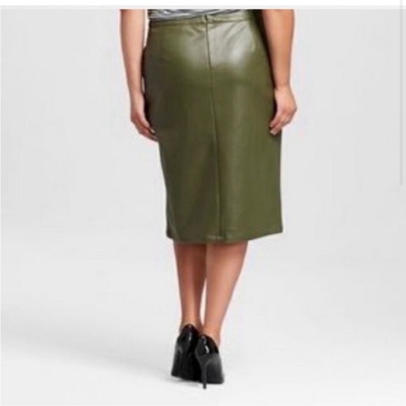Olive Faux Leather Skirt with Front Slit - Picture 4 of 4
